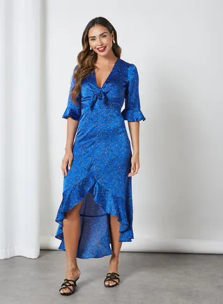 Tie-Front Ruffle Trim Dress Cobalt 
