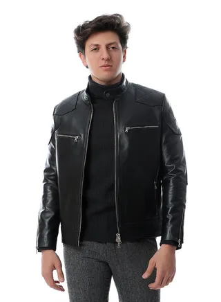(beckham) Men's Stand Collar Leather Jacket Motorcycle Lightweight genuine Leather Outwear 
