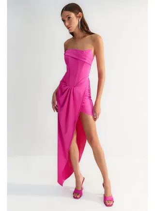 X Zeynep Tosun Fuchsia Evening Dress & Prom Dress with Fitted Corset Detail TCLSS23AE00013 
