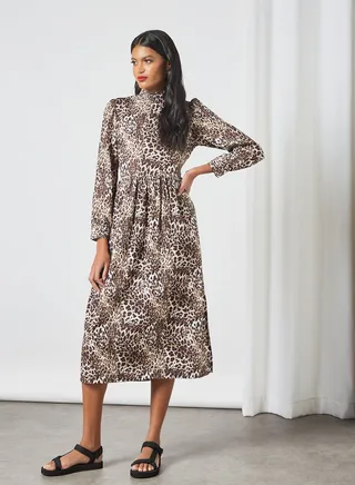 Leopard Print Midi Dress Brown 