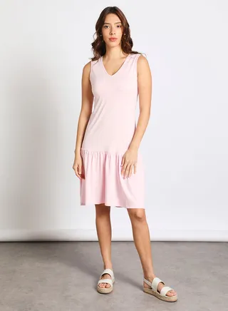 Women's V-Neck Midi Slip Ruffle Hem Dress Pink 