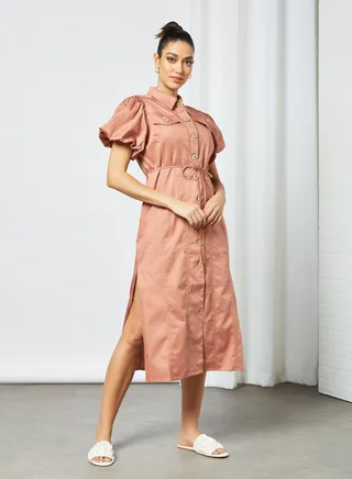 Puff Sleeve Midi Shirt Dress Pink 