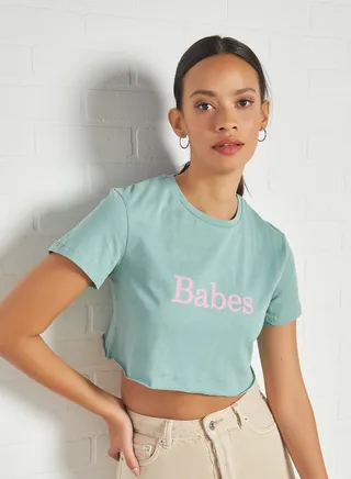 Text Print Crop T-Shirt Mint 
