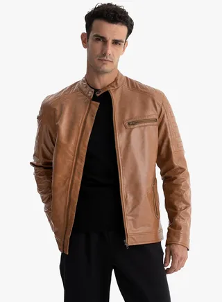 Jacket Leather - Lined Water Proof - With Half Collar 