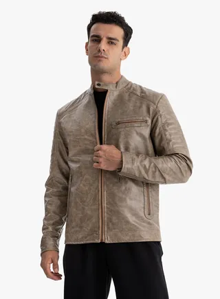 Jacket Leather - Lined Water Proof - With Half Collar 