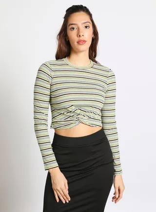 Women's Long Sleeve Front Twist Knitted Stripes Top Green 