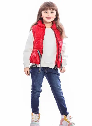 Red Shiny Puffer Vest For Girls 