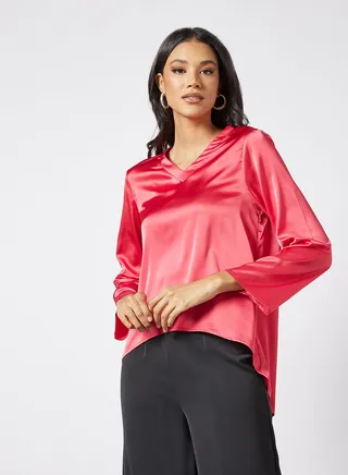 Women's Casual Long Sleeve Polyester Crop Top With V Neck Red 