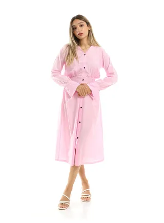 Elastic Waist Midi Dress With Decorative Buttons - Light Pink 