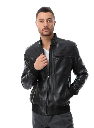 Top leather (T55) Men's Stand Collar
 Lined Bomber genuine Leather Jacket 