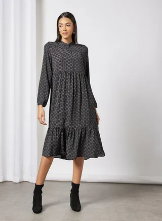 Abstract Print Midi Dress Black 
