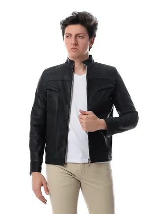 Leather Jacket Mens (C44) Real Lambskin Leather Distressed Motorcycle Jacket 