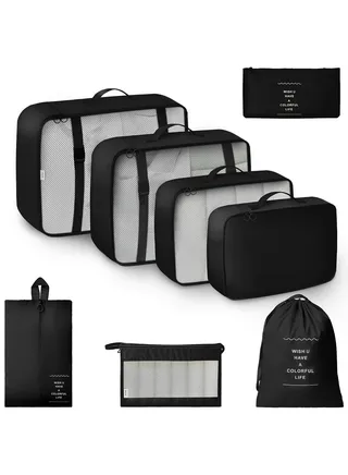 8 Set Packing Cubes for Suitcases, Travel Luggage Packing Organizers with Laundry Bag, Compression Storage Shoe Bag, Clothing Underwear Bag, for Man and Women, Black 