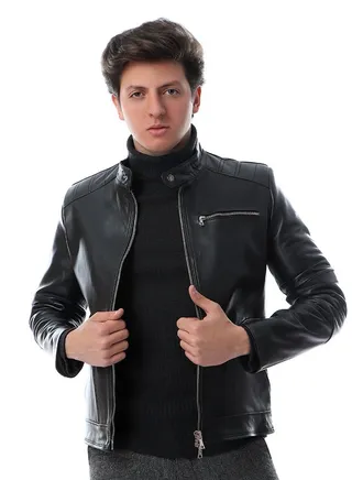 Band Neck Leather Jacket With Pockets genuine leather 100% 