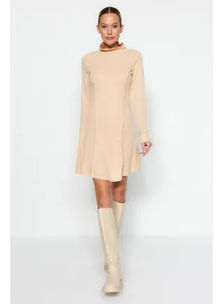 Camel Stitch Detail A-Line/Cbell Form Stand-Up Collar Thessaloniki/Knitwear Look Knit Dress TWOAW24EL00619 
