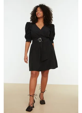 Black Woven With Belt, Double Breasted Collar Dress TBBSS22EL1669 