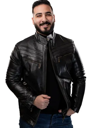 Elegant natural leather jacket, excellent closure, high-quality material, black color JA2 
