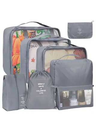 8 Set Packing Cubes for Suitcases, Travel Luggage Packing Organizers with Laundry Bag, Compression Storage Shoe Bag, Clothing Underwear Bag, for Man and Women, Grey 