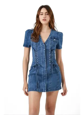Lace-Up Denim Mini Dress 
