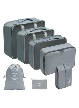 7 Pcs Travel Luggage Organizer Set, Waterproof Suitcase Storage Laundry Bag Traveling Accessories for Clothes Shoes Cosmetics Toiletries (Grey) 