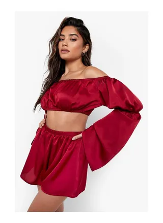 Satin Beach Bardot Ruched Sleeve Crop 