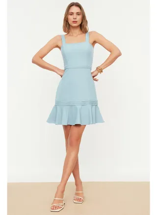 Blue A-line Ribbed Detailed Skirt Flounced Strap Woven Mini Dress TWOSS20EL2504 