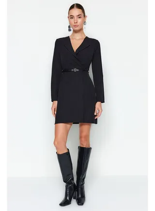 Black Double Breasted Woven Jacket Dress With Belt TWOAW24EL00300 