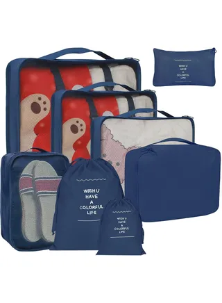 8 Set Packing Cubes for Suitcases, Travel Luggage Packing Organizers with Laundry Bag, Compression Storage Shoe Bag, Clothing Underwear Bag, for Man and Women, Navy Blue 