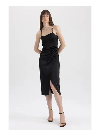 Woman Square Neck Strappy Smart Casual Short Sleeve Woven Dress 