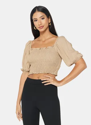 Smocked Off-Shoulder Crop Top Stone 
