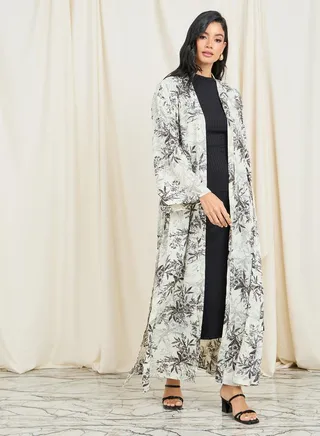 All Over Floral Print Midi Kimono with Button Closure