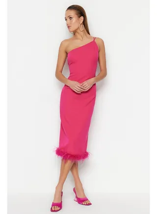 Fuchsia Fitted Elegant Evening Dress with Woven Otriches TPRSS23EL00254 