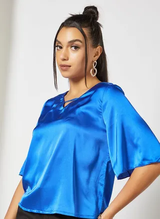 Women's Casual Bell Half Sleeve Polyester Crop Top With V-Neck Electric Electric Blue 