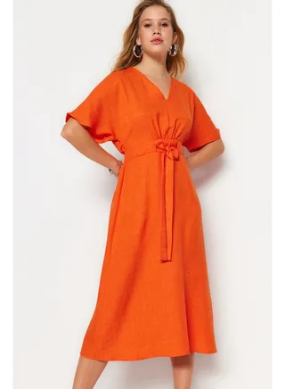 Orange Lacing Detail A-line/Bell Form Midi Woven Dress TWOSS23EL01543 