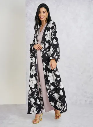 Floral Printed Maxi Kimono with Long Sleeves 