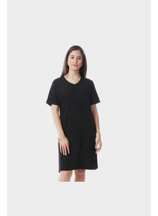 Short Sleeves Solid Home Dress With Slits - Black 