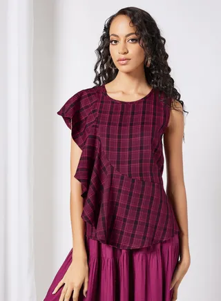 Women's Casual Sleeveless Polyester Tops with Round Neck Checkered Pattern With Ruffles Red/Black 