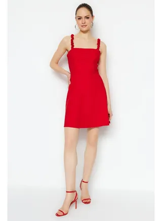 Red A-line Square Collar Strap Detailed Mini Woven Dress TWOSS22EL2175 