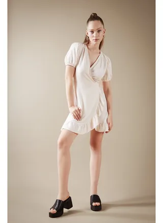 Woman Wrap Wrap Short Sleeve Woven Dress 