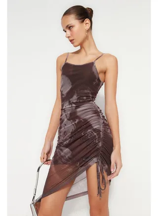 Brown Printed Gathered Detailed Fitted Lined Tulle Mini Knitted Dress TWOSS23EL00426 