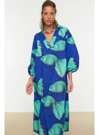 Underwater Patterned Wide Fit Midi Woven Balloon Sleeve 100% Cotton Beach Dress TBESS22EL0009 