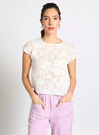 Women's Casual Frill Texture Round Neck Short Sleeve Crop Tops White 