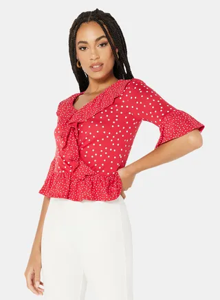Ruffle Detail Crop Top Red 