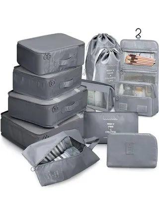 11pcs Travel Bag Organizer for Luggage Packing Cubes Storage Set, Waterproof Lightweight Travel Clothes Shoes Cosmetics Luggage Organizer Traveling Accessories (Grey) 