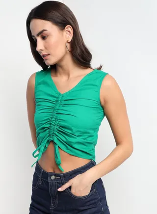 Stylish  casual sleeveless solid crop top with tie knot green 