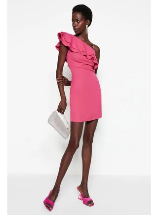 Fuchsia Woven Flounce Evening Dress TPRSS21EL2873 