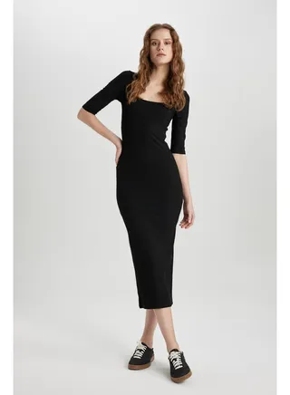 Woman Bodycon Square Neck Long Sleeve Knitted Dress 