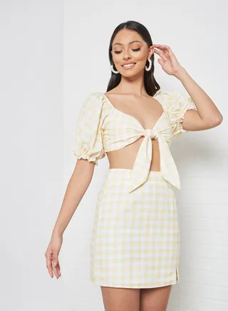 Gingham Knotted Crop Top Yellow 