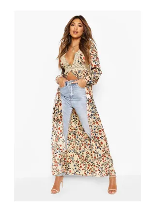 Floral Crotchet Trim Button Detail Split Kimono 