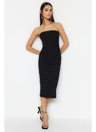 Black Body-fitting Woven Lined Shiny Stone Elegant Evening Dress TPRSS23EL00476 